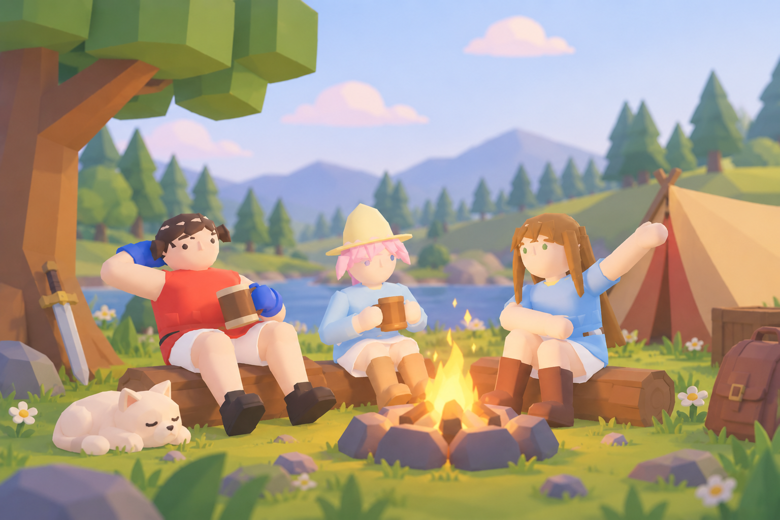 Friends relaxing together around a campfire in a fantasy world